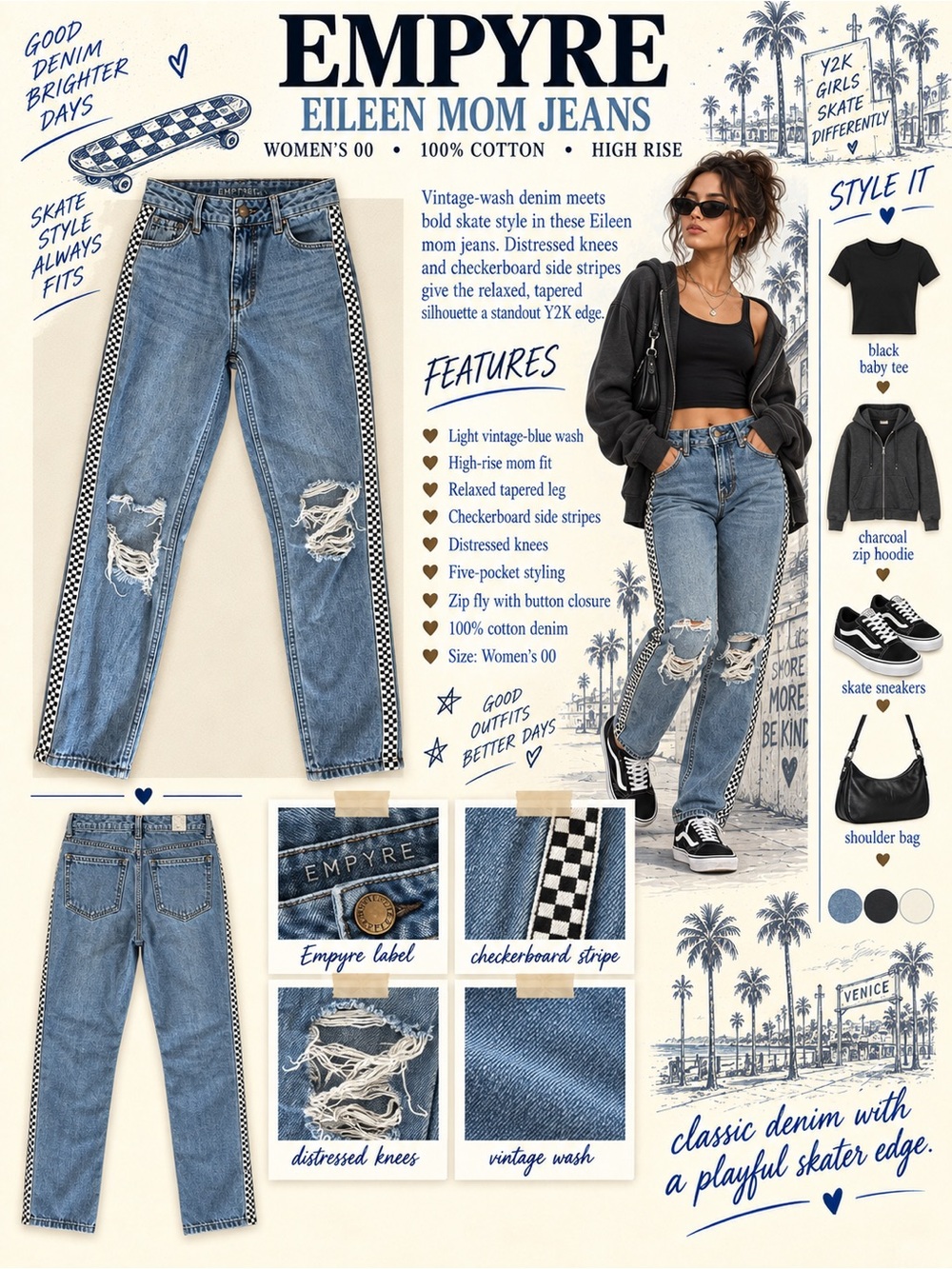 Empyre Distressed Light Blue Boyfriend Jeans with Checker Side Stripe